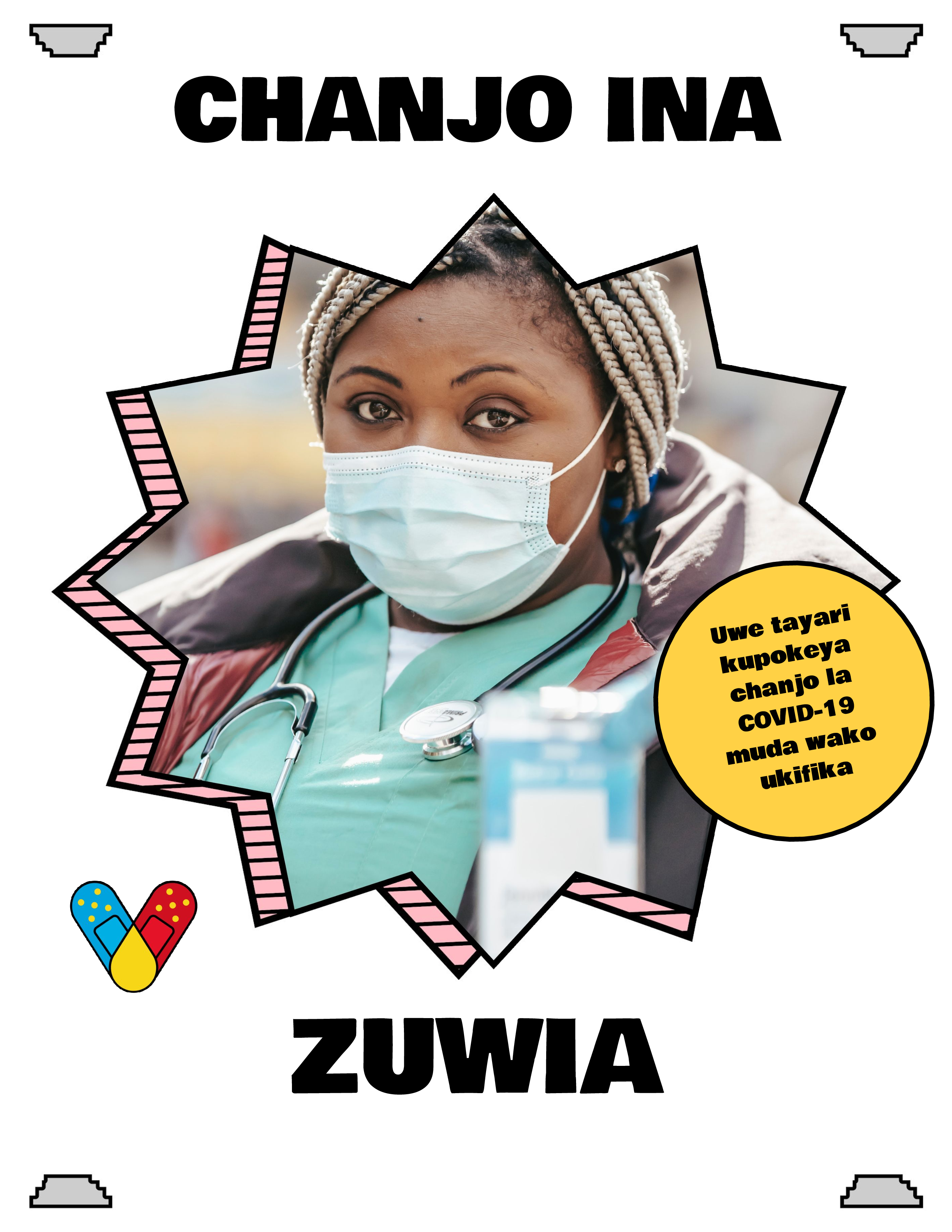 a woman wearing a face mask surrounded by the words "Vaccination is strength" in Swahili