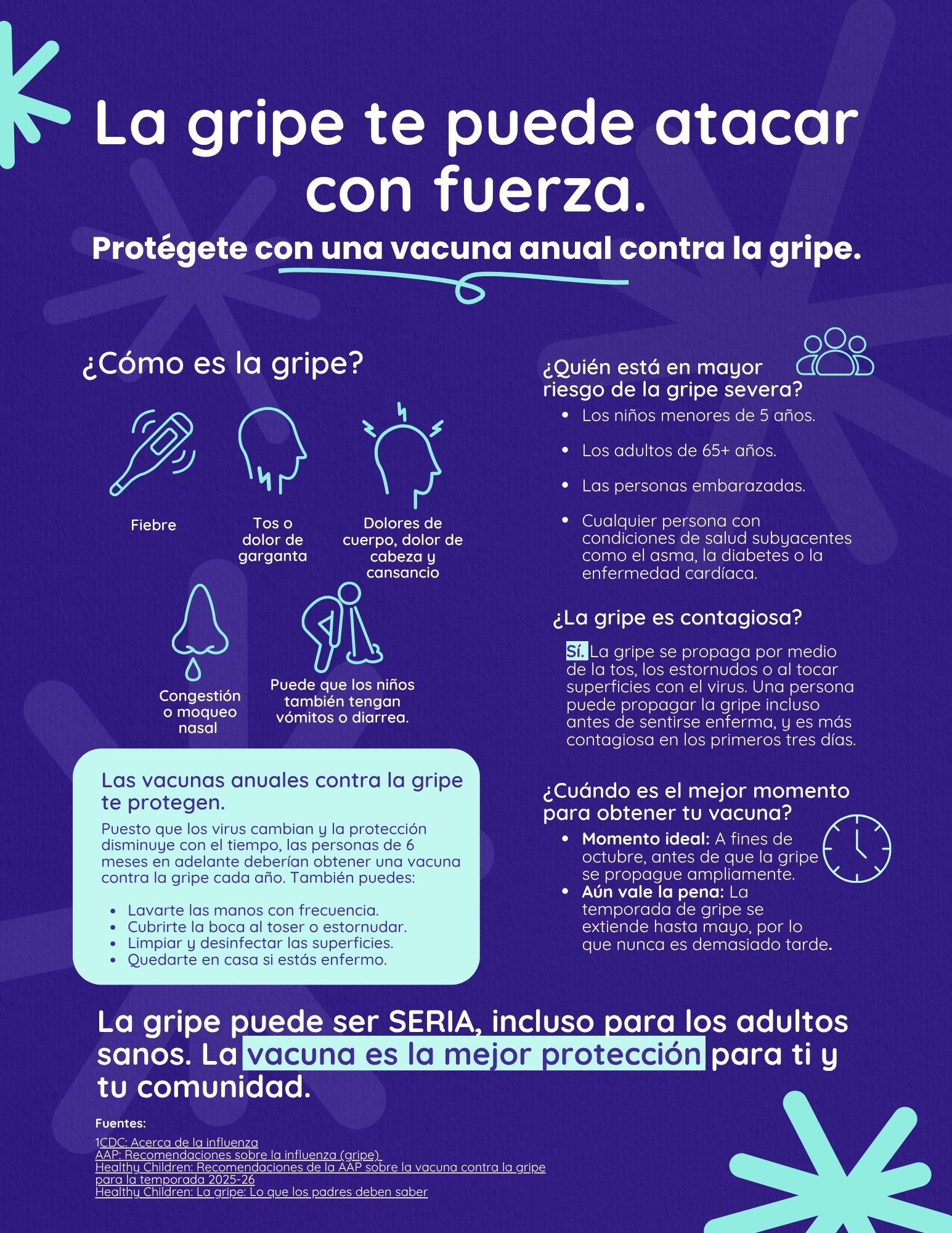 Factsheet outlines common flu symptoms, explains what groups are at higher risk for a serious illness, and highlights the importance of a yearly flu vaccine for individuals and their communities.