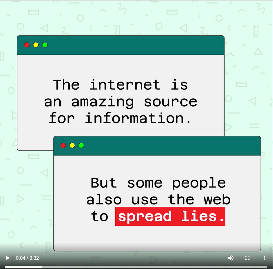 Two textboxes shaped like a web browser read, "The internet is an amazing source for information. But some people also use the web to spread lies."
