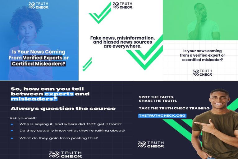Panel of images showing a young Black woman looking pensive, a young BLack man in thought, and another young Black man pointing to the truth check website and smiling.