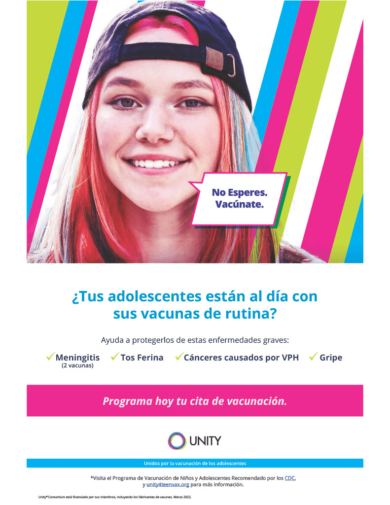 A teenage girl with a text box reading, "Don't Wait. Vaccinate." in Spanish. 