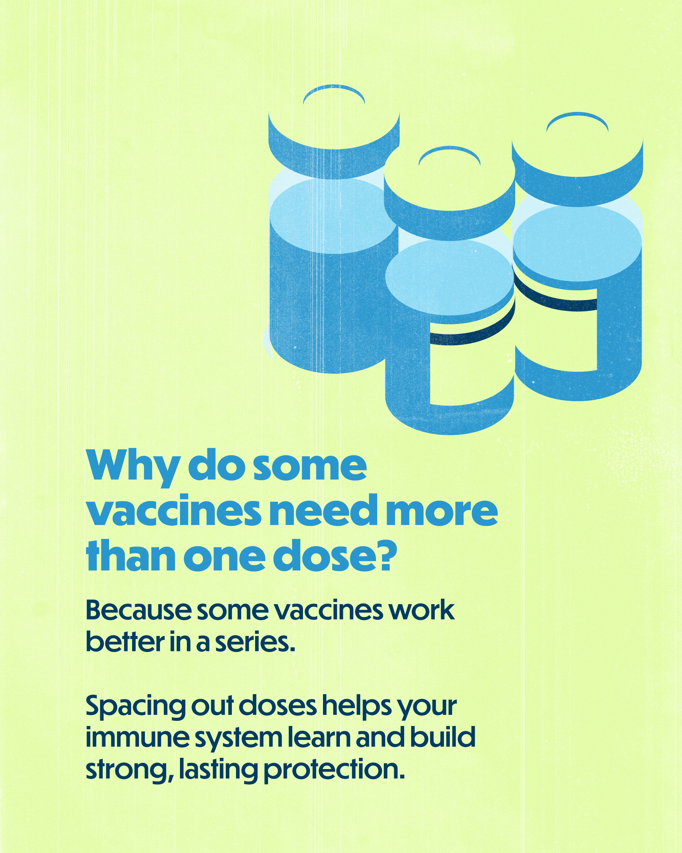 Single-slide graphic with a light green textured background. At the top right are illustrated blue vaccine vials. Large blue headline text reads, “Why do some vaccines need more than one dose?” Below, smaller dark blue text reads, “Some vaccines work better in a series. Spacing out doses helps your immune system learn and build strong, lasting protection.”