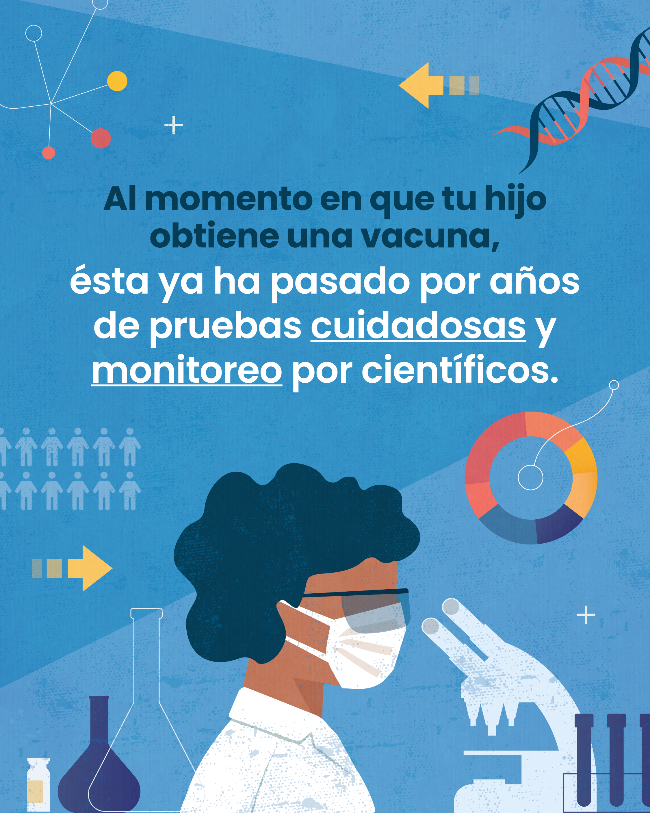 Illustration of a scientist doing experiements in a labratory. Text reads: “By the time your child gets vaccinated, that vaccine has been carefully tested and monitored by scientists for many years.”