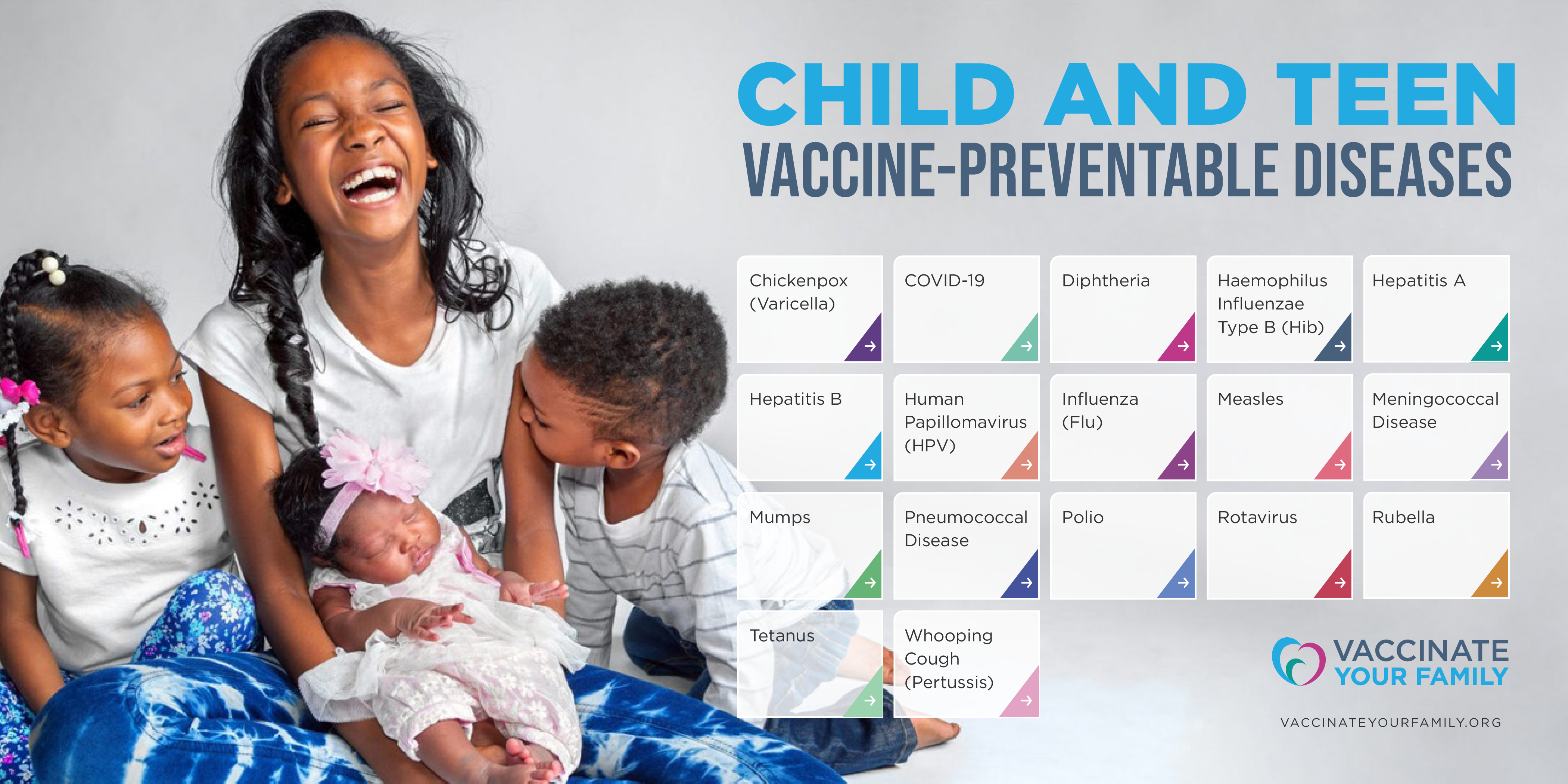 Factsheet stating Child and Teen Vaccine Preventable Diseases. Image shows a happy black family comprised of two children, one infant and one teen.  