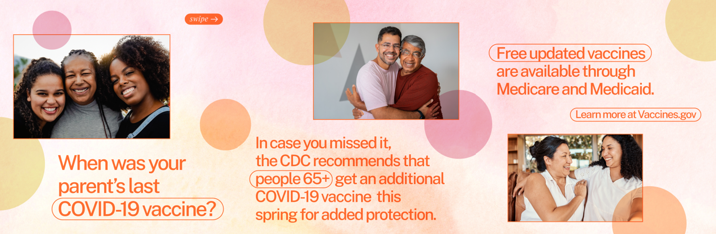 Image with 3 panels, first of three Black women smiling, second an elderly Latino Father with his son,, third a latina mother and daughter hugging