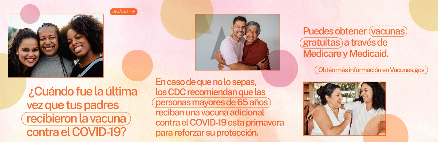 Image with 3 panels, first of three Black women smiling, second an elderly Latino Father with his son,, third a latina mother and daughter hugging