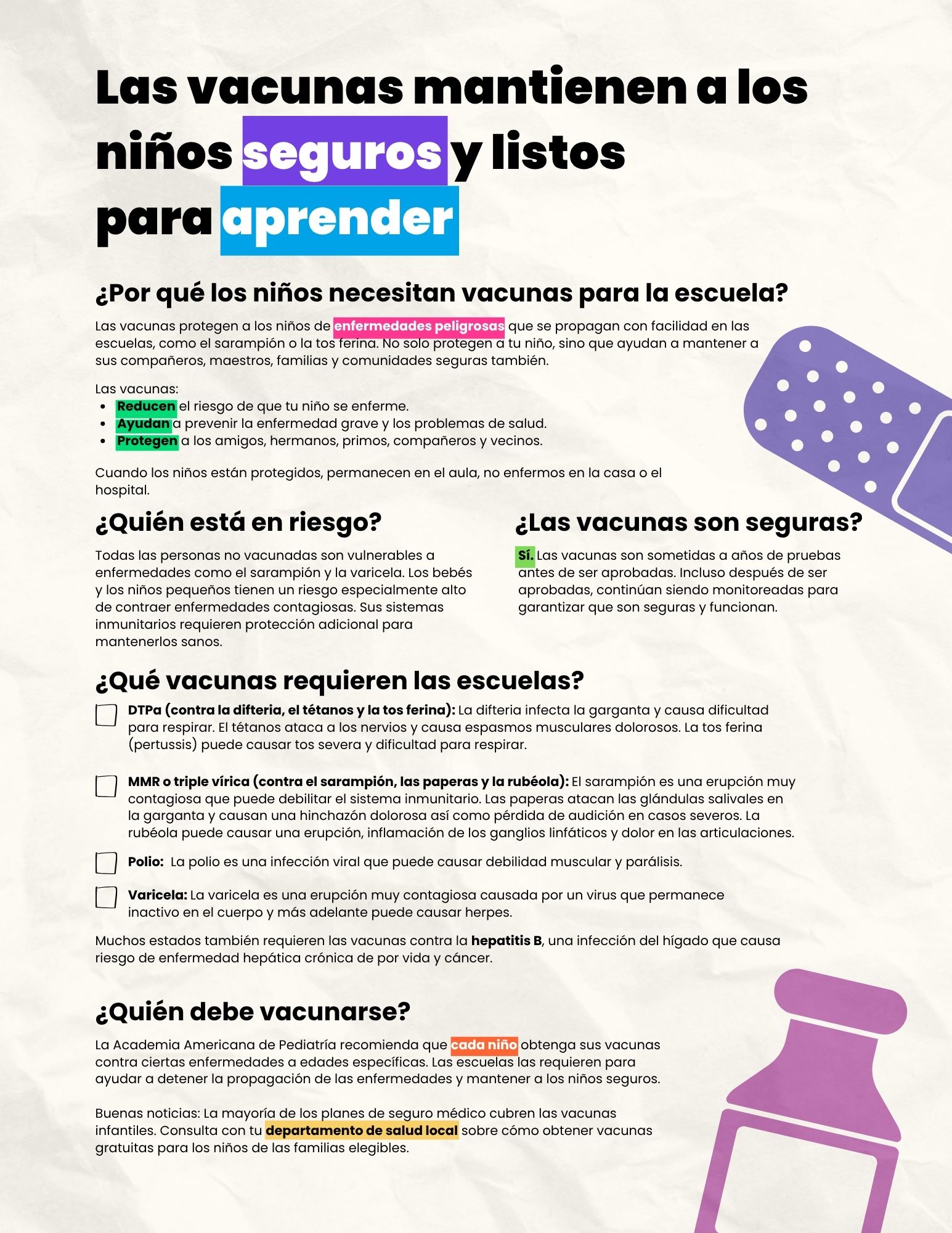 Factsheet explains why kids need vaccines for school to keep them safe from very contagious diseases like measles and whooping cough.
