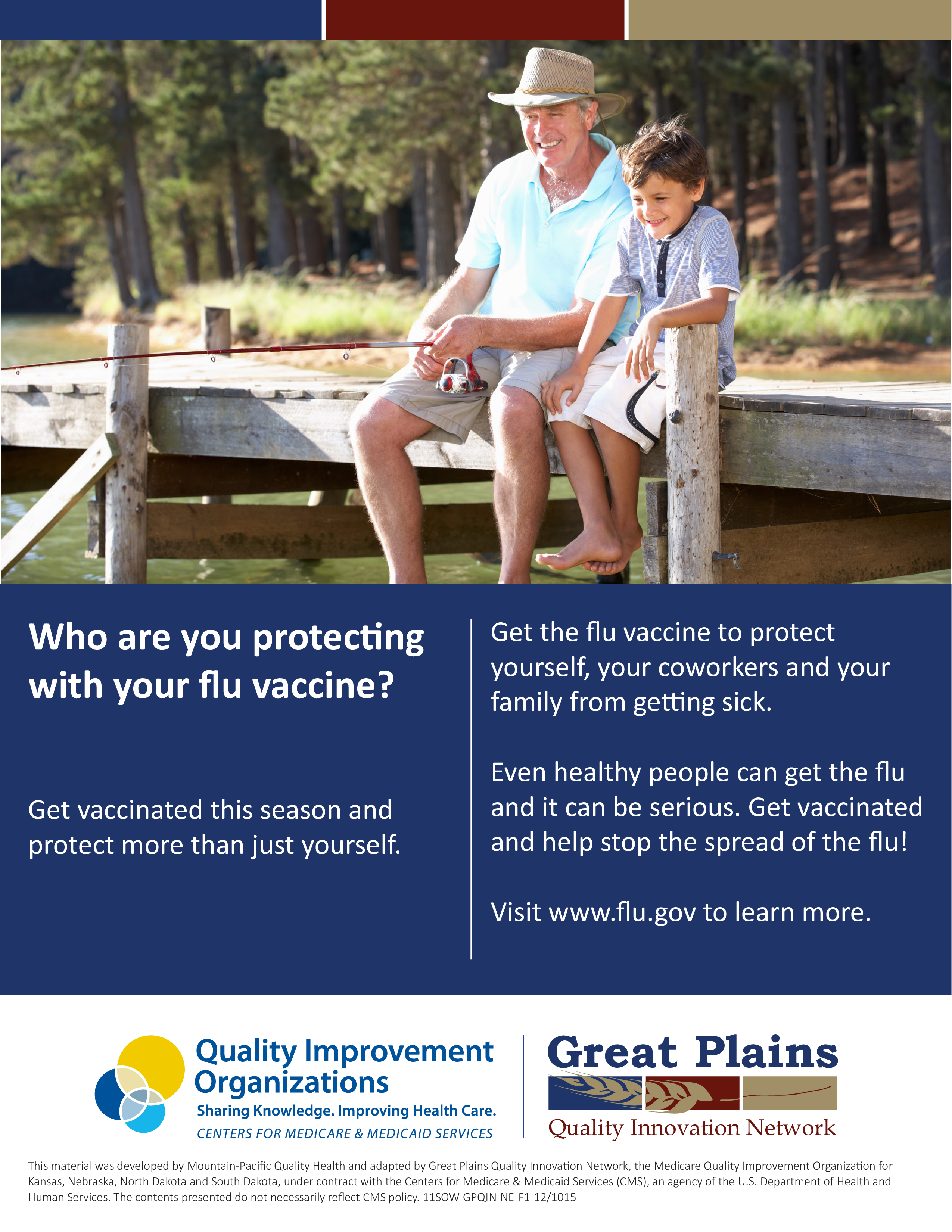 The factsheet asked 'who are you protecting with your flu vaccine?' and displays an image of an older man and a child smiling and fishing off a dock.