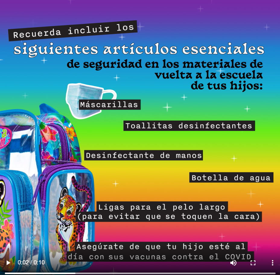 A color backpack with a cheetah on the side appears against a rainbow background. Images of the various safety essentials such as a mask and hand sanitizer are featured alongside the message aimed at parents.