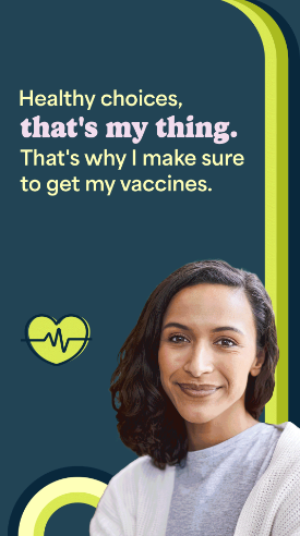 Smiling Black woman with long hair with message about staying up to date on routine vaccines.