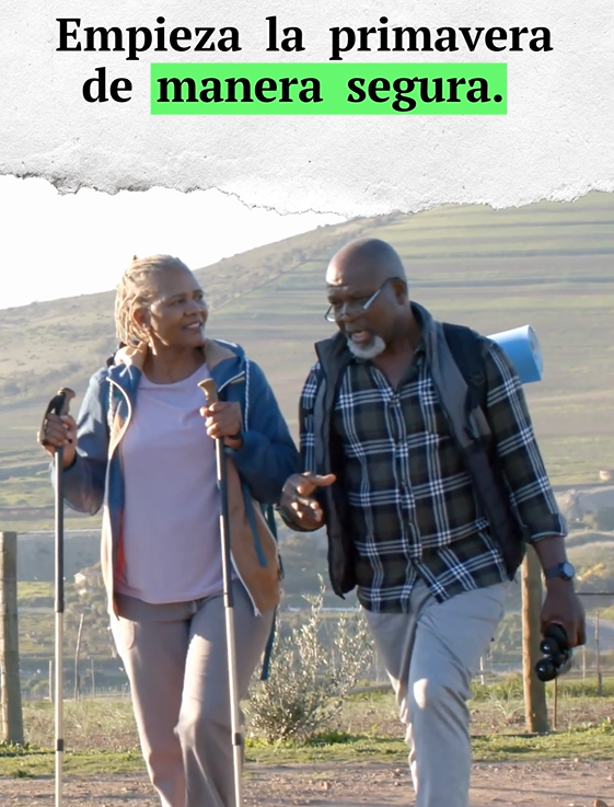 Graphic shows an older Black woman and Black man hiking. Text says: Spring safely into the new season.