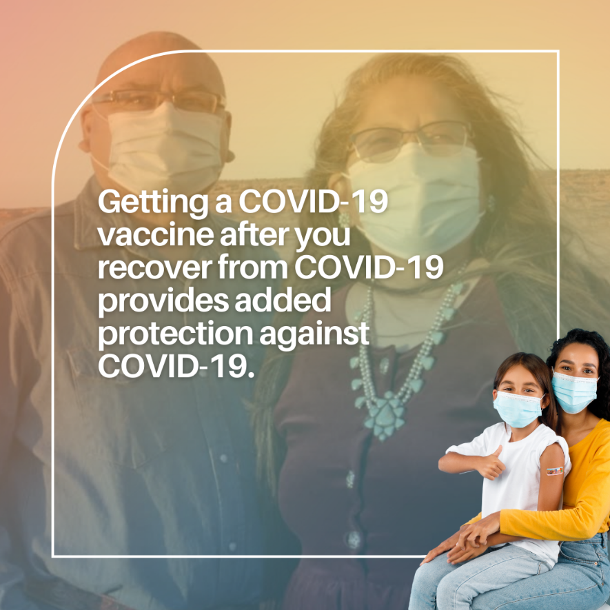 In the lower right corner, a young girl sits on her mother's lap. In the forefront, two older adults wearing masks appear behind white text.