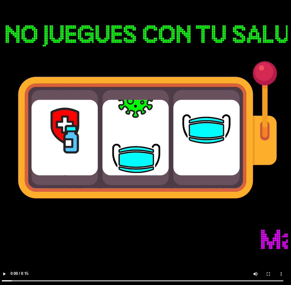 Cartoon casino slots feature cartoon masks and vaccines as options in the slot machine along with more problematic options like COVID-19 viruses and ambulances. Text runs along the top and bottom of the screen with the messages not to gamble with your health and to stay up to date on COVID-19 vaccines.