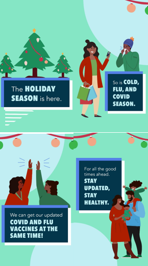 Image with four panels, first includes three Christmas trees, second includes one Latina women holding a phone and shopping bags and one Latino man blowing his nose, third includes two Latina women high-fiving, fourth includes a Latino family smiling together.