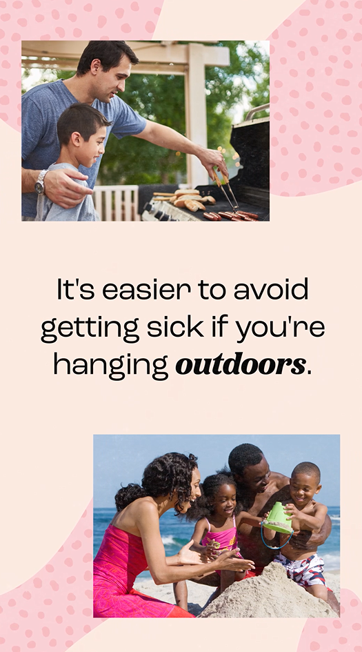 Top image of a white father with his son at the grill and bottom image of a Black family playing at the beach.