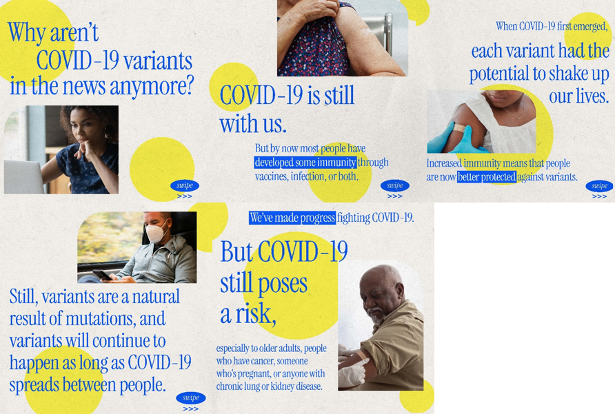 Image with five panels, first of a Black woman looking at a computer, second an arm post-vaccination, third a Black woman getting a vaccine, fourth of a man with a mask on a train, fifth a Black man getting a vaccine