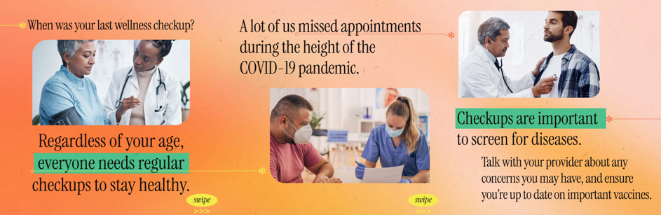 Image with three panels: first of a Black female doctor caring for a Black female patient, second of a white man being cared for by a white female nurse, third a white man is having his heart listened to by a doctor