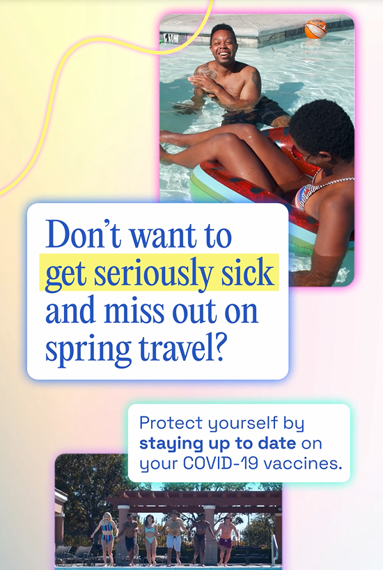 Screen capture of the video includes two images, first a Black man and a Black woman playing in the pool, second a group of kids of multiple races/ethnicities prepare to jump in the pool