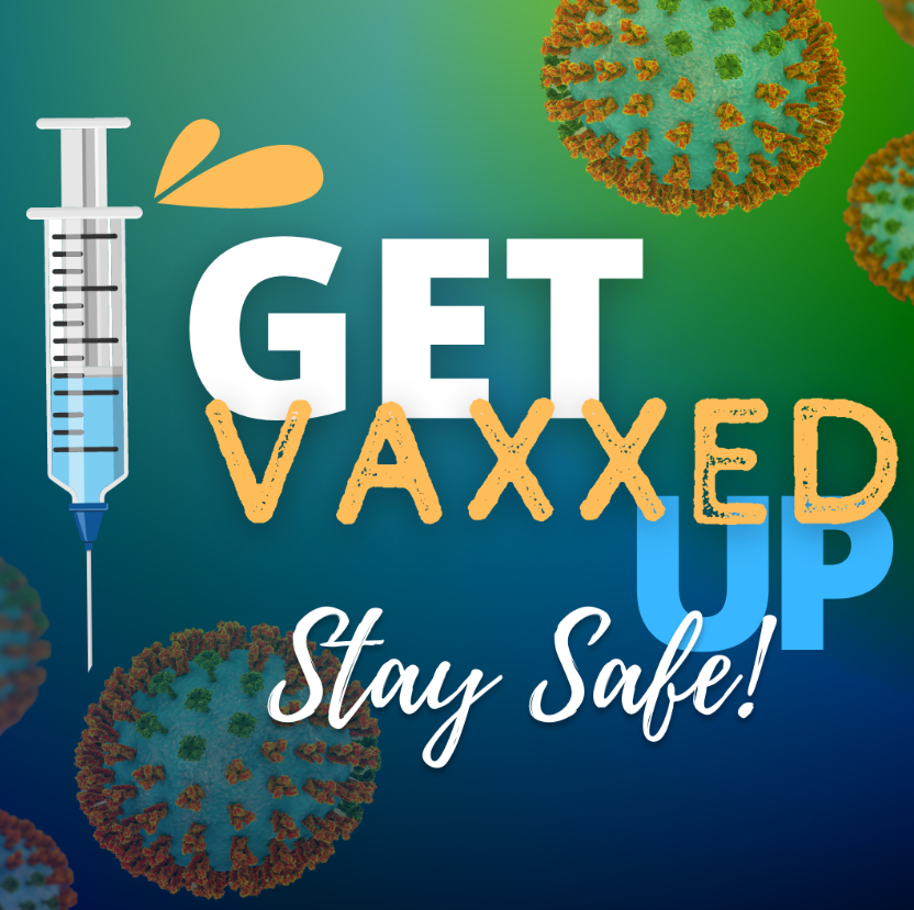 A cartoon vaccine syringe appears next to text. The background has realistic virus images