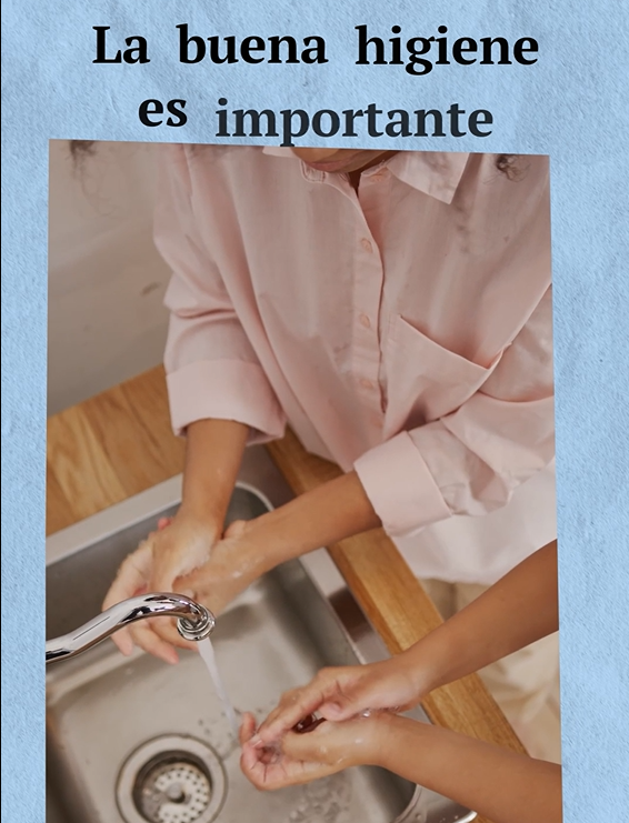 Graphic shows two people washing their hands. Text says: Good hygiene is important