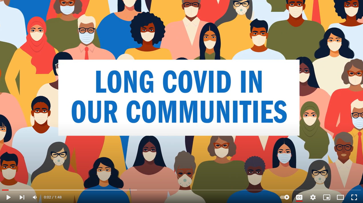 Image shows cartoons of many people of multiple races in a crowd wearing masks