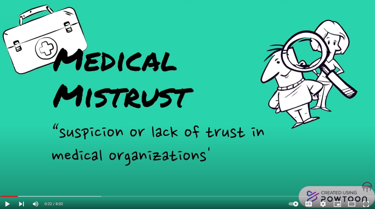 Cartoon illustrations include a doctor's briefcase and a man and woman holding a magnifying glass. Text reads: "Medical Mistrust, "suspicion or lack of trust in medical organizations."