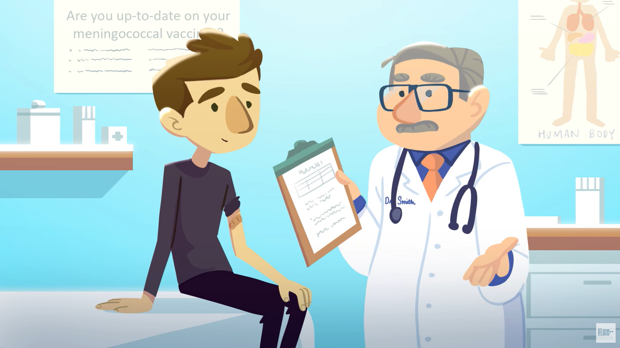 Older white male doctor with glasses and wearing a lab coat is talking with his young, white male patient in an exam room.