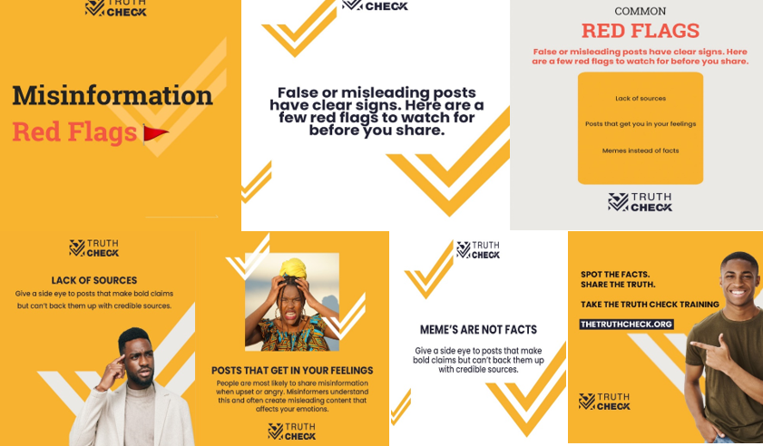 Panel of images shows various photos, including a young Black man in thought, a young Black woman in a distressed pose, and a young Black man smiling and pointing at the truth check website