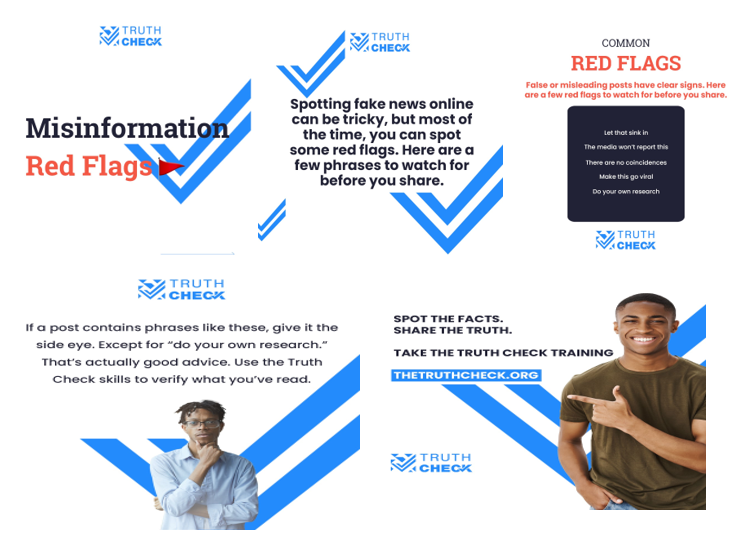 Panel of images shows a young Black man looking pensive and a young Black man smiling and pointing to the truth check website link.