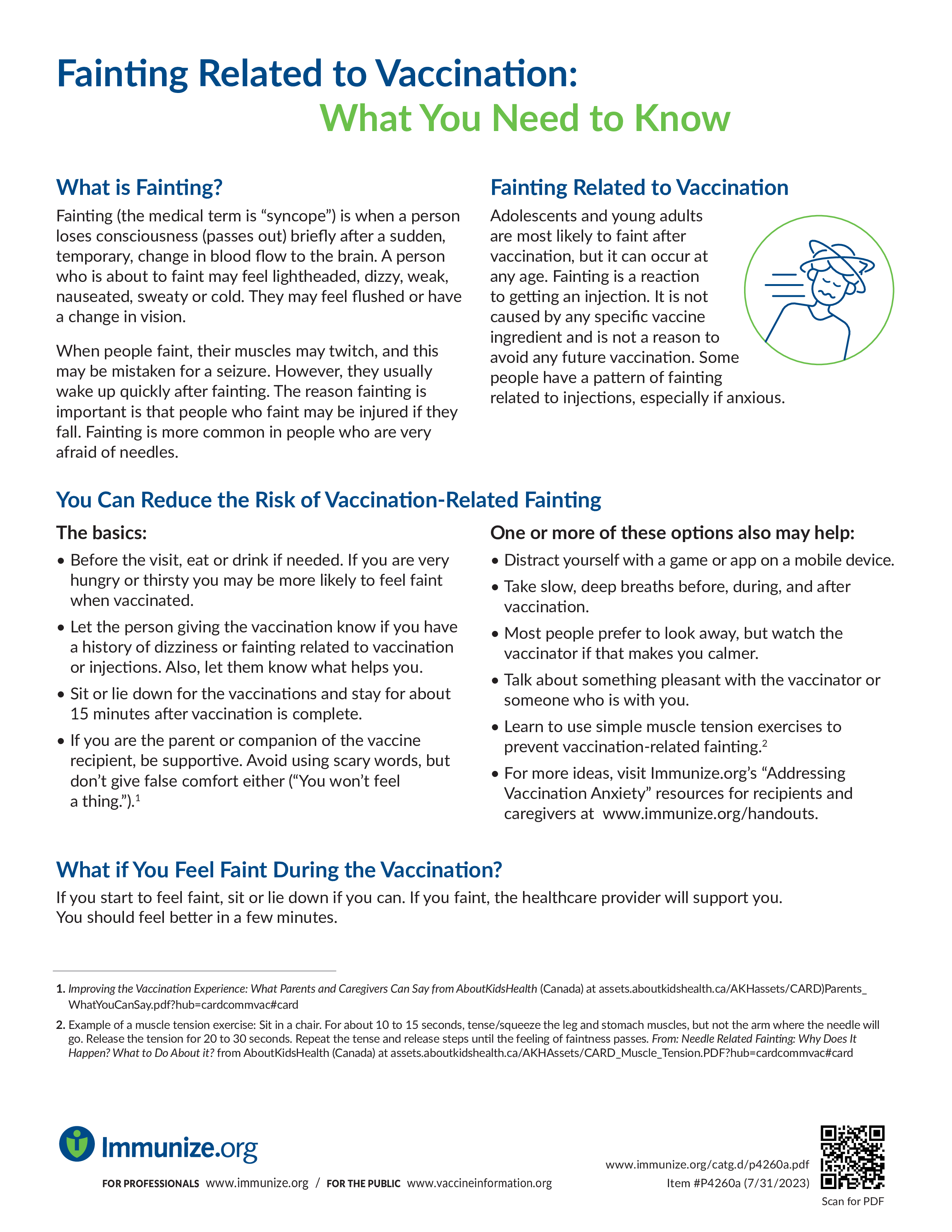 Factsheet discusses fainting to related to vaccination and features a small graphic of a person fainting.