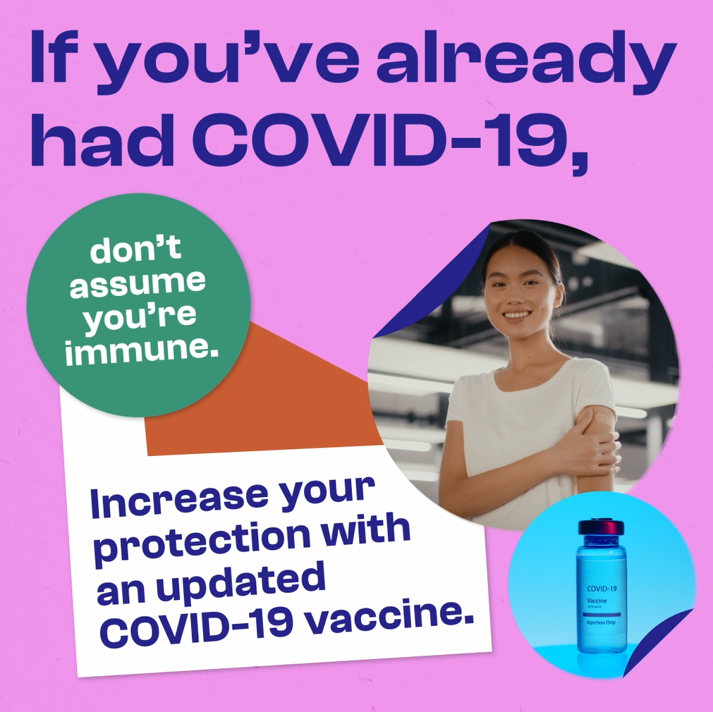 Graphic has one image of an Asian woman smiling and holding her arm and one image of the COVID-19 vaccine vial
