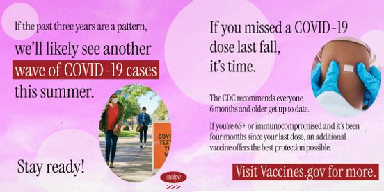 Image with two panels, first of two women wearing a mask outdoors and walking towards a COVID testing site, second of a person receiving a vaccination