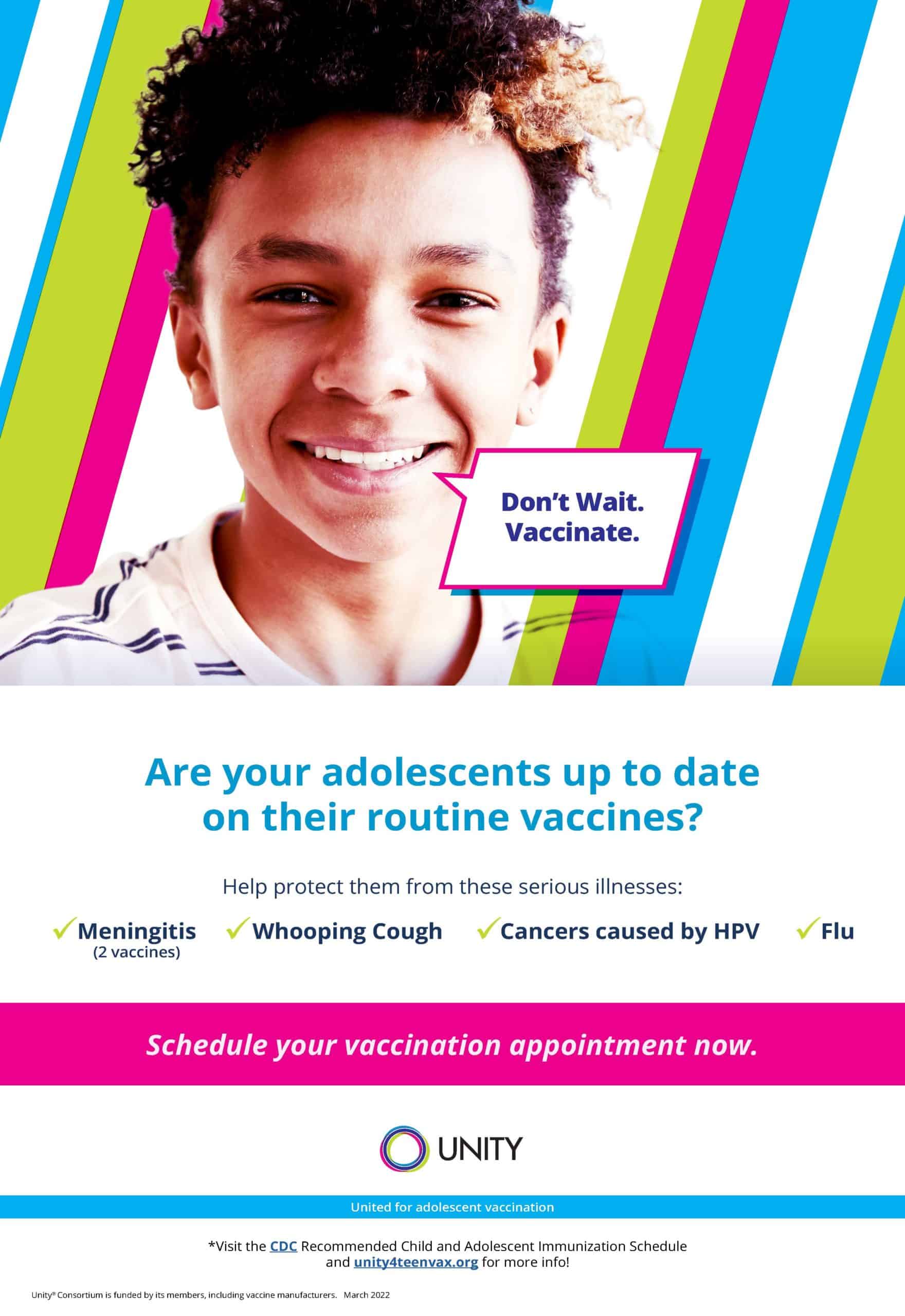 A teenage boy with a text box reading, "Don't Wait. Vaccinate."