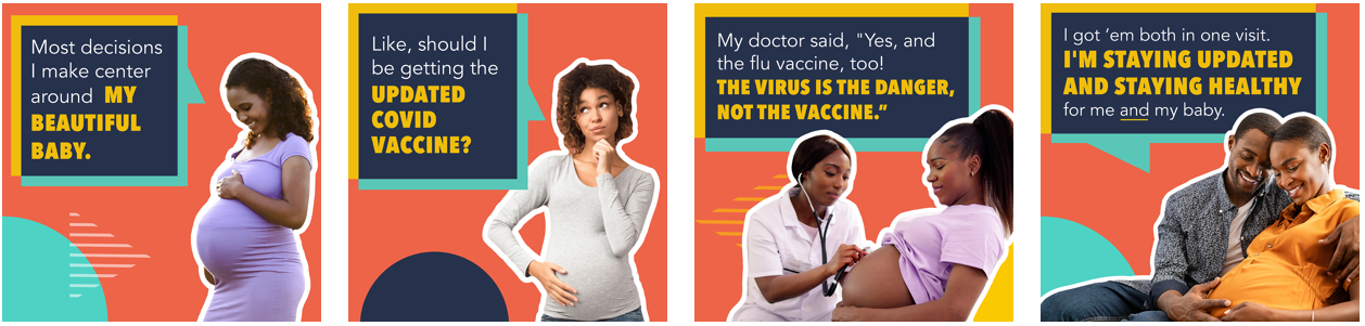Set of four social media images. One with a black woman smiling down at her baby bump, one with a black pregnant woman with her hand on her chin, one with a black doctor listening to a black woman's stomach for her baby's heart rate, and one of a pregnant black woman and a black man smiling and touching her baby bump
