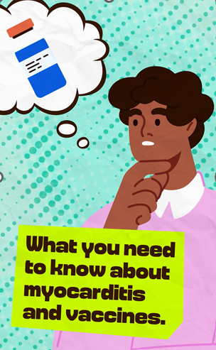 Video still shows a young Black man with a thought bubble showing he's thinking about the COVID-19 vaccine.