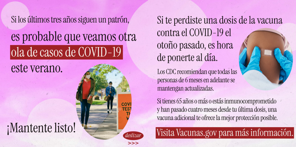 Image with two panels, first of two women wearing a mask outdoors and walking towards a COVID testing site, second of a person receiving a vaccination