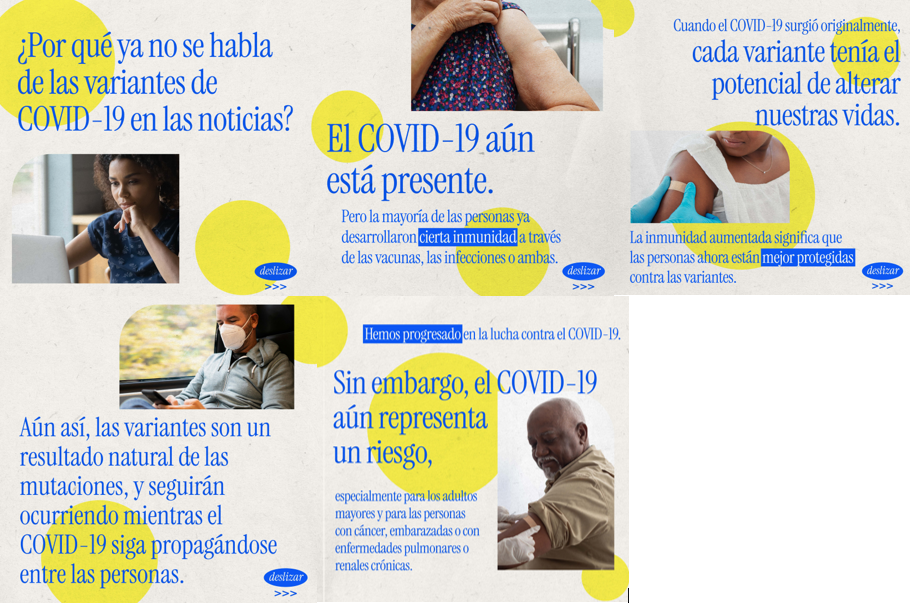 Image with five panels, first of a Black woman looking at a computer, second an arm post-vaccination, third a Black woman getting a vaccine, fourth of a man with a mask on a train, fifth a Black man getting a vaccine