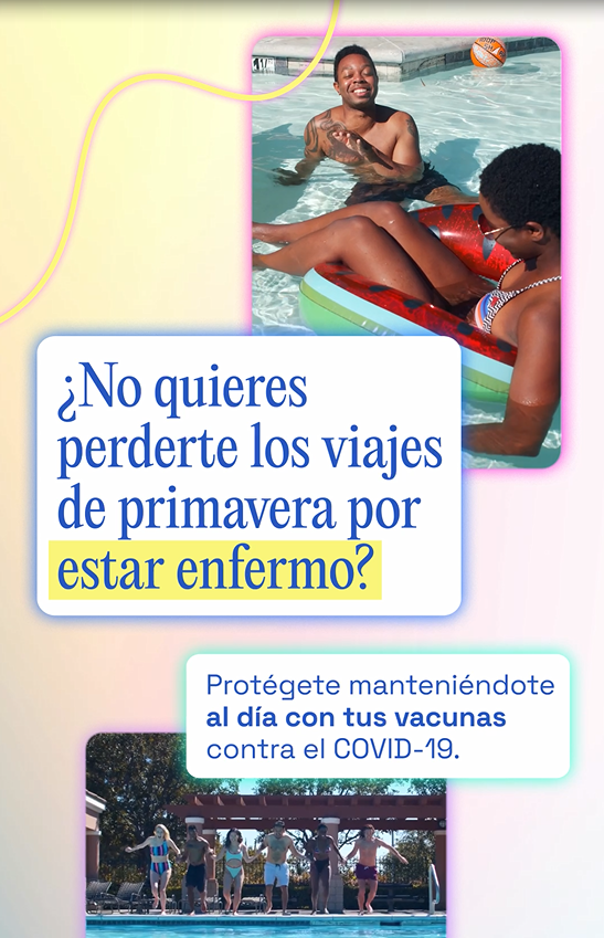 Screen capture of the video includes two images, first a Black man and a Black woman playing in the pool, second a group of kids of multiple races/ethnicities prepare to jump in the pool