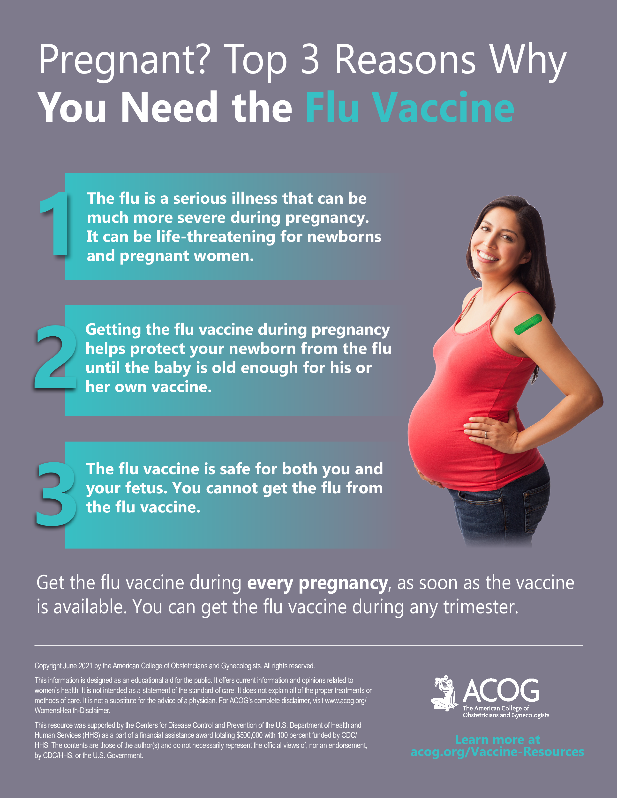 A pregnant woman is standing and smiling with a green band-aid on her arm. 