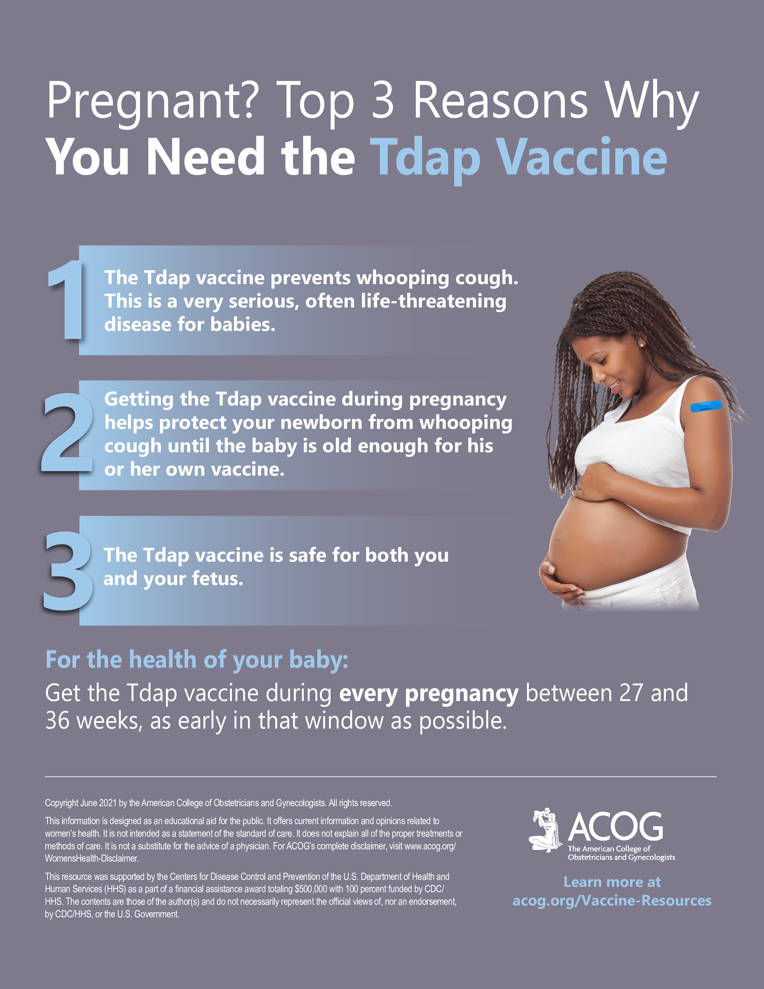 Image of a smiling and pregnant Black woman holding her belly and with a band-aid on her left upper arm.