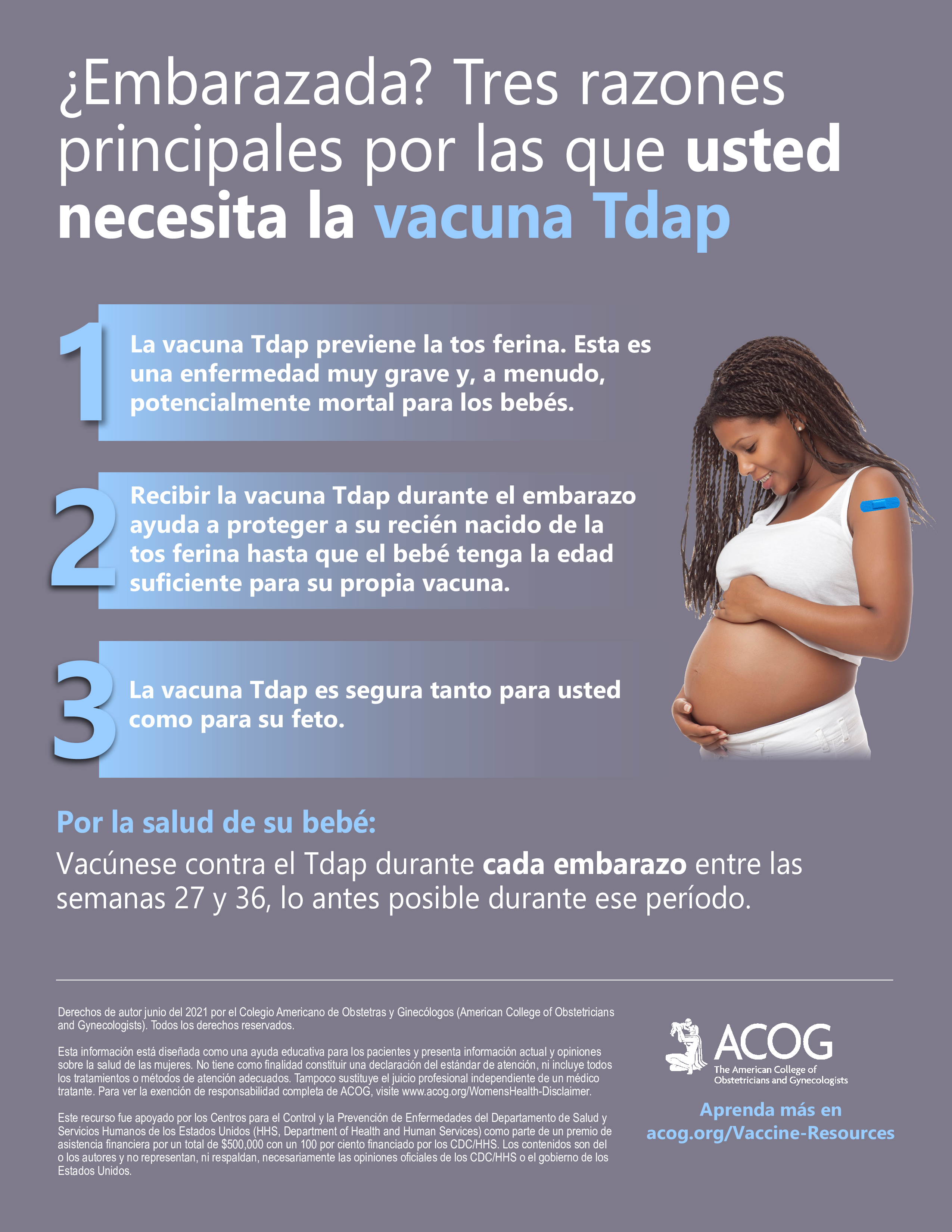 Image of a smiling pregnant Black woman holding her belly and with a band-aid on her left upper arm.