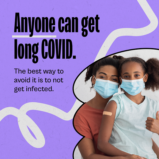 A Black, female young adult hugs a Black girl. Both are wearing masks. The younger girl gives a thumbs up and has a bandage on her arm.