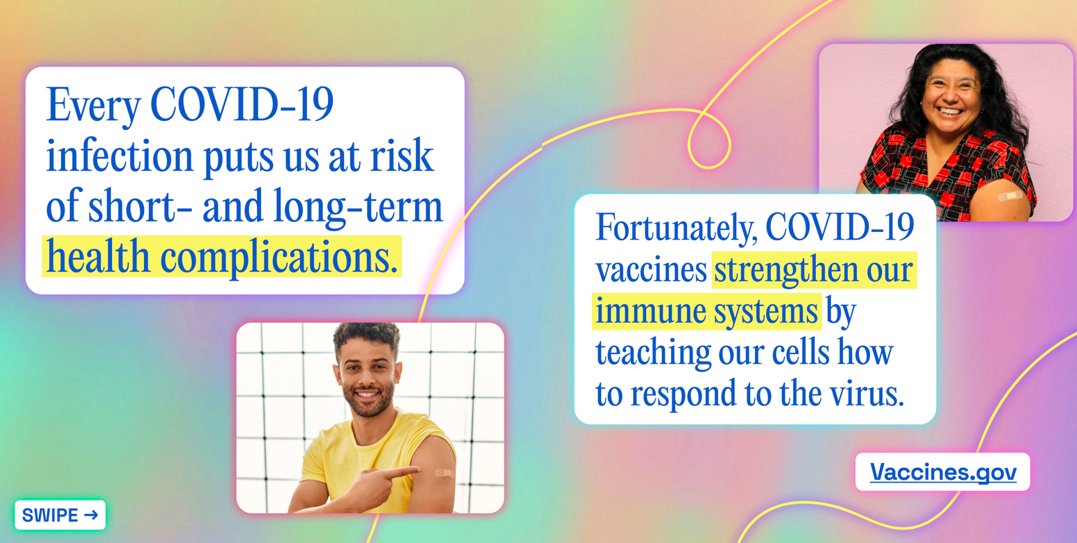 image with two panels, first of a Latino man pointing to his vaccination bandage on his arm, second of a Latina woman with a bandage covering her vaccination location on her arm.